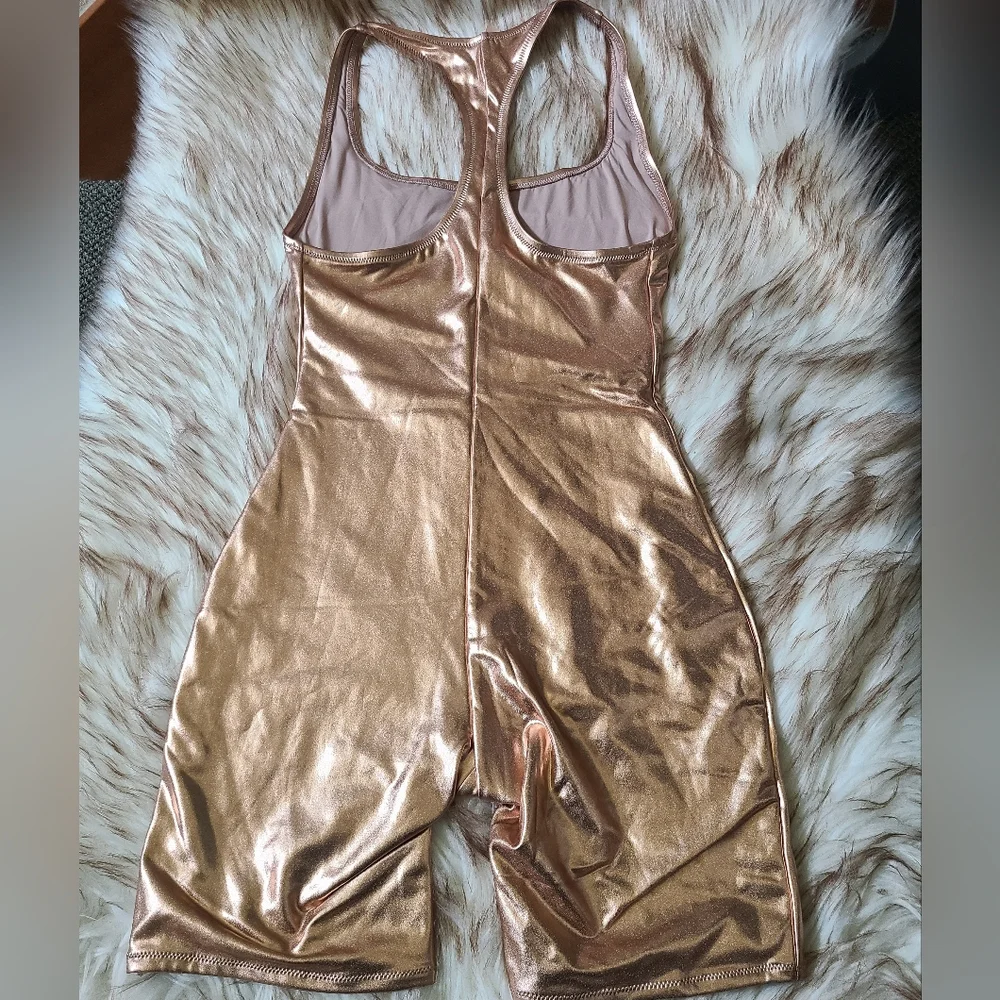 NWT SKIMS Metallic Swim Cycle Suit Size S Champagne